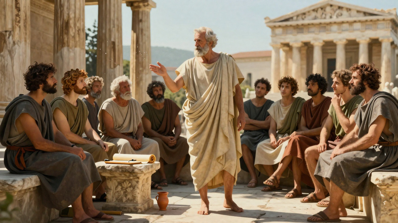 An ancient Greek philosopher lecturing a group of men seated outside classical stone buildings.
