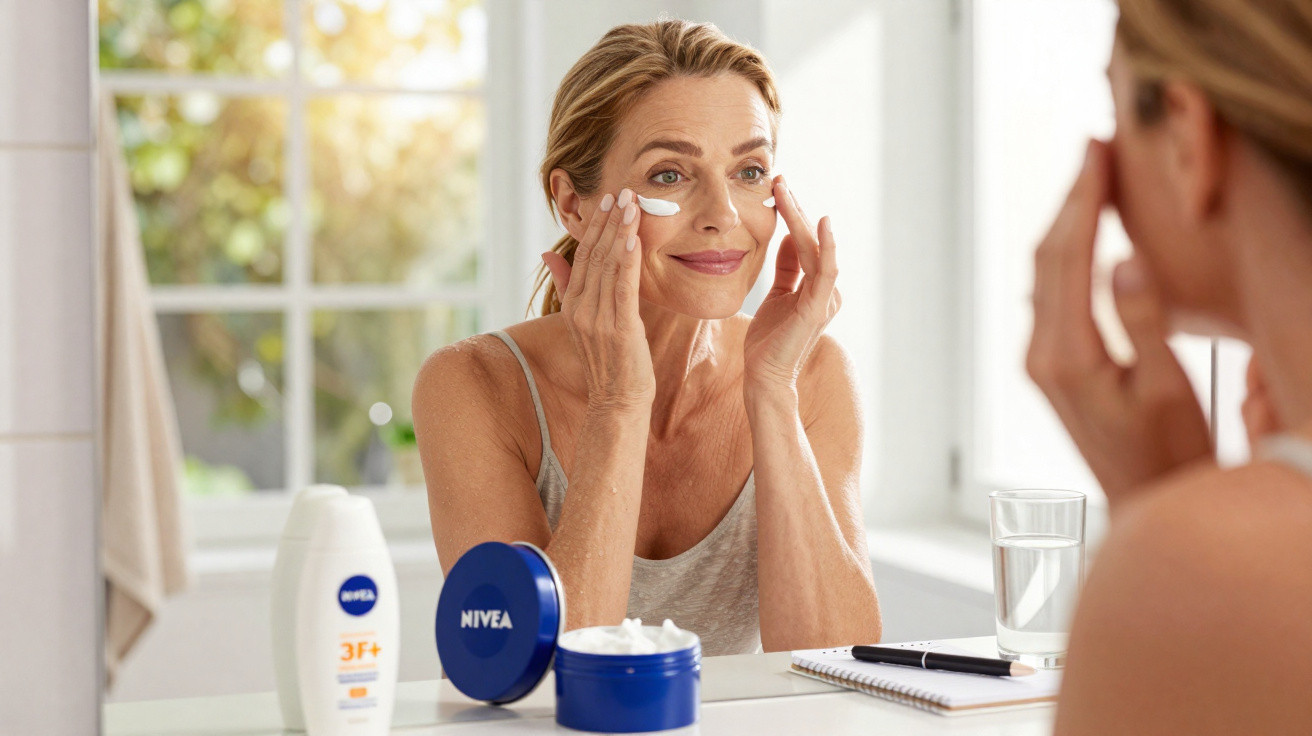Middle-aged woman applying face cream while looking in a bathroom mirror with skincare products nearby.