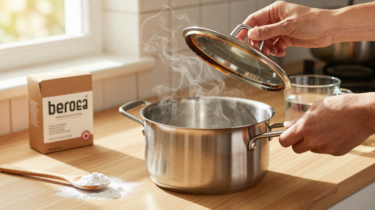 Hands lifting lid off a steaming stainless steel pot on a wooden kitchen countertop with baking soda nearby