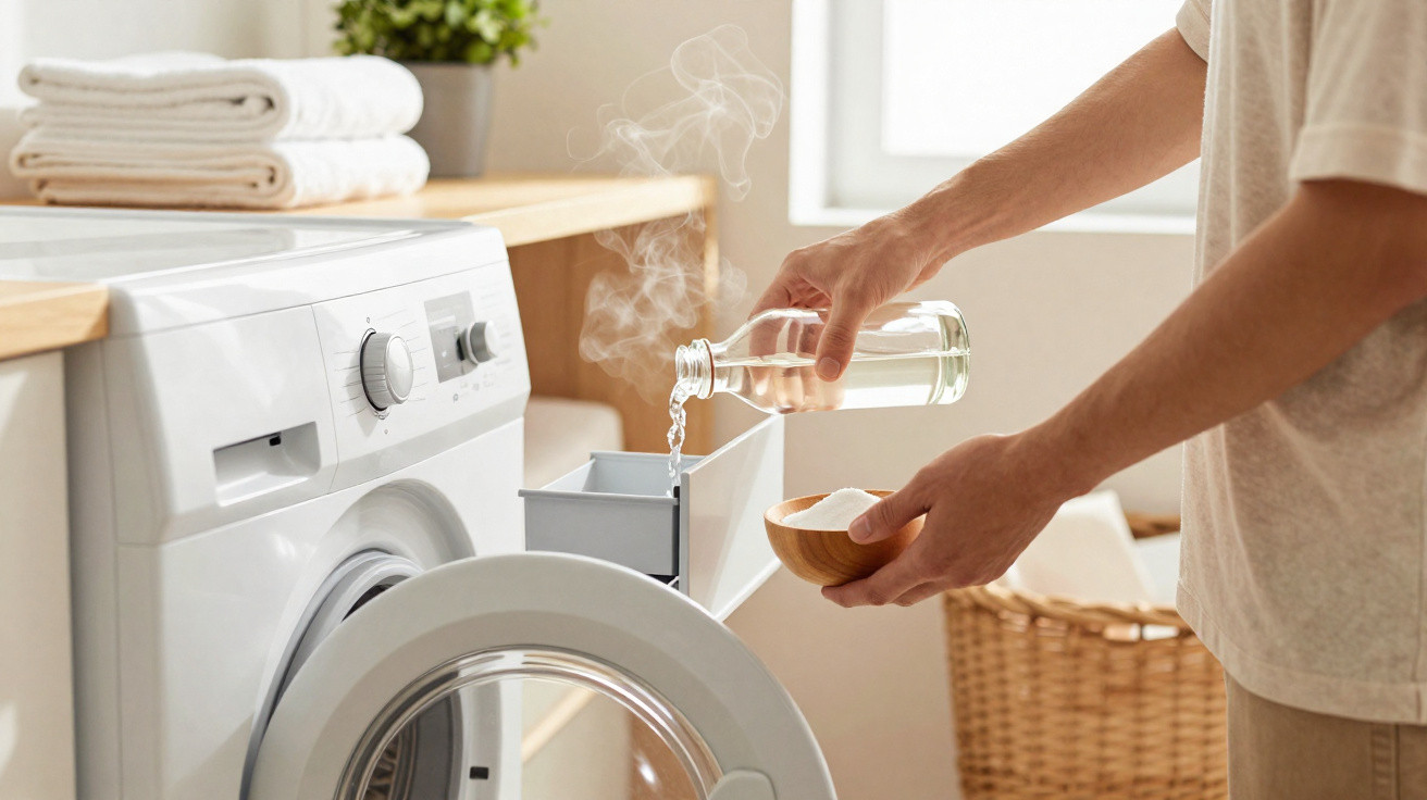 Person pouring liquid detergent into a washing machine drawer in a bright laundry room.