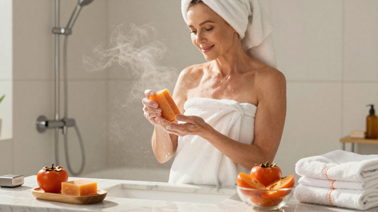 Mature woman in bathroom wrapped in towel and turban, holding steaming orange soap near persimmons and folded towels.
