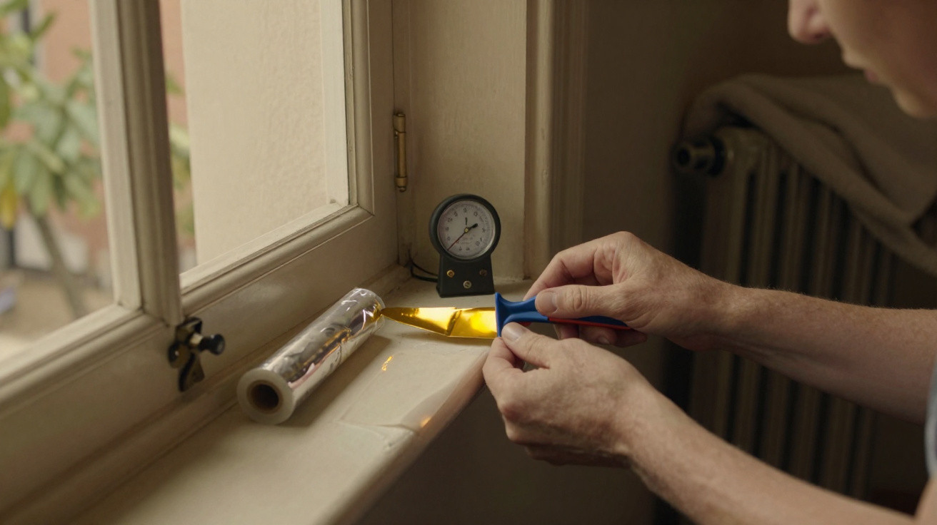 Person sealing window edge with gold reflective film using a blue-handled knife and temperature gauge nearby.