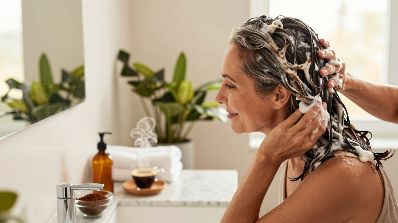 Woman washing hair with shampoo in a bright bathroom with plants and a cup of coffee nearby