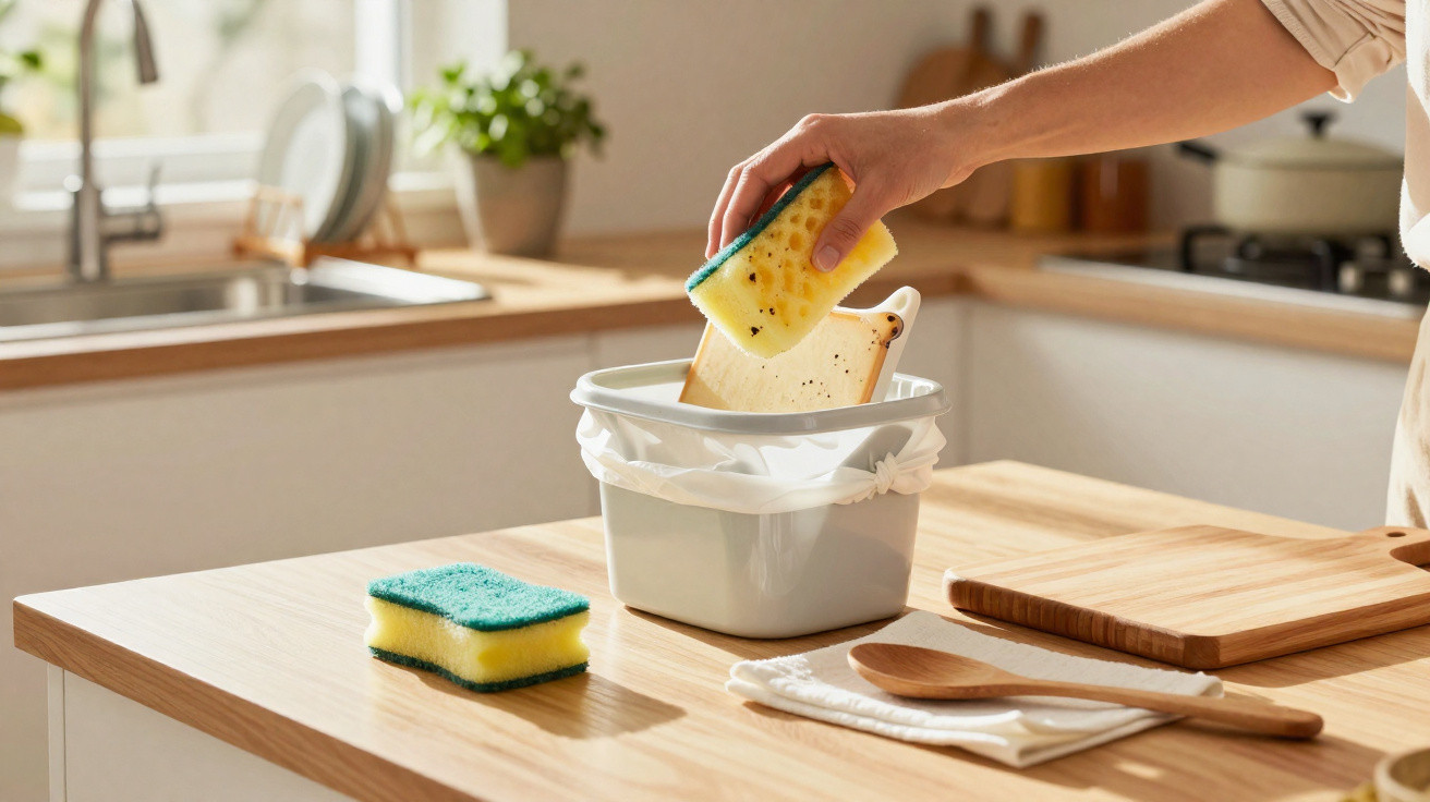 Hand disposing of a used yellow and green kitchen sponge into a small white waste bin on a wooden countertop.
