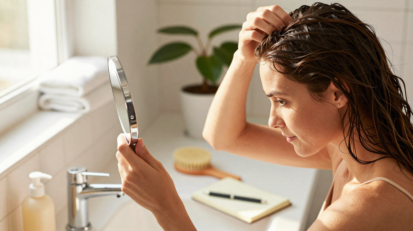 Woman with wet hair looks into a handheld mirror in a bright bathroom with a plant and notebook in the background.