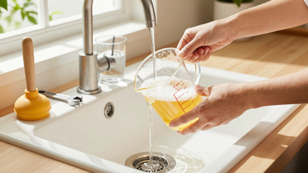 Person rinsing a measuring jug with soapy water under a kitchen sink tap over a drain.