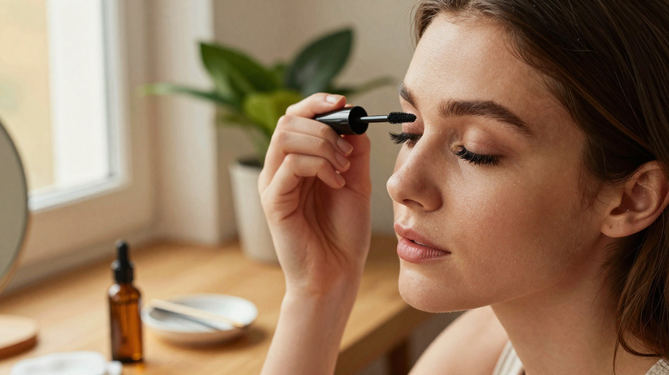 Young woman applying mascara to her eyelashes in a bright room with a wooden table and plant in the background.