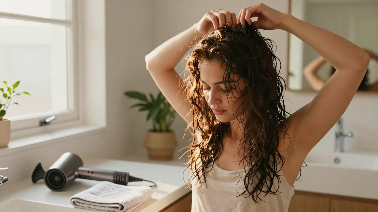 Woman with wet hair lifting it up in a bright bathroom with a hairdryer and towel on the counter.
