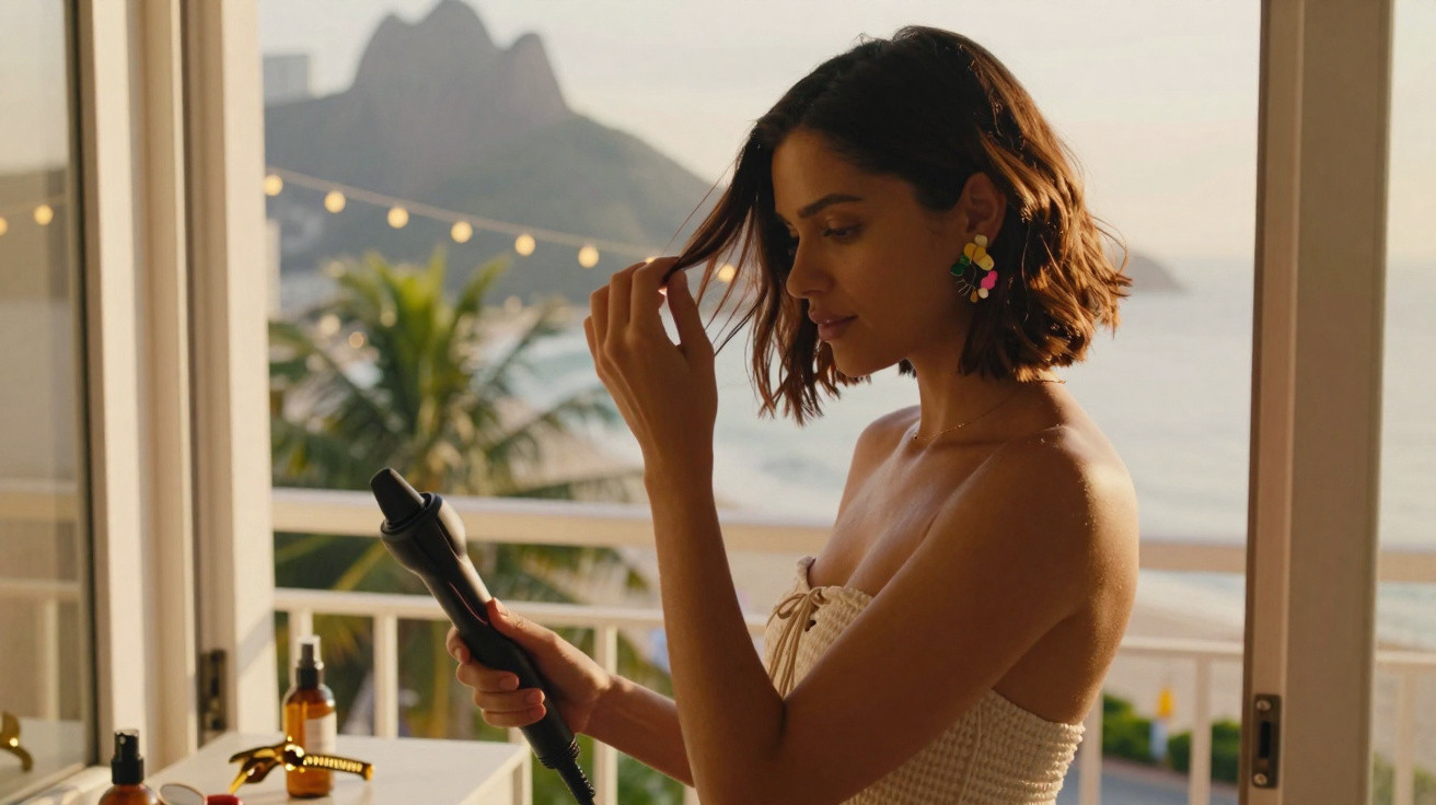 Woman styling her short hair with a curling wand on a balcony overlooking the beach at sunset.