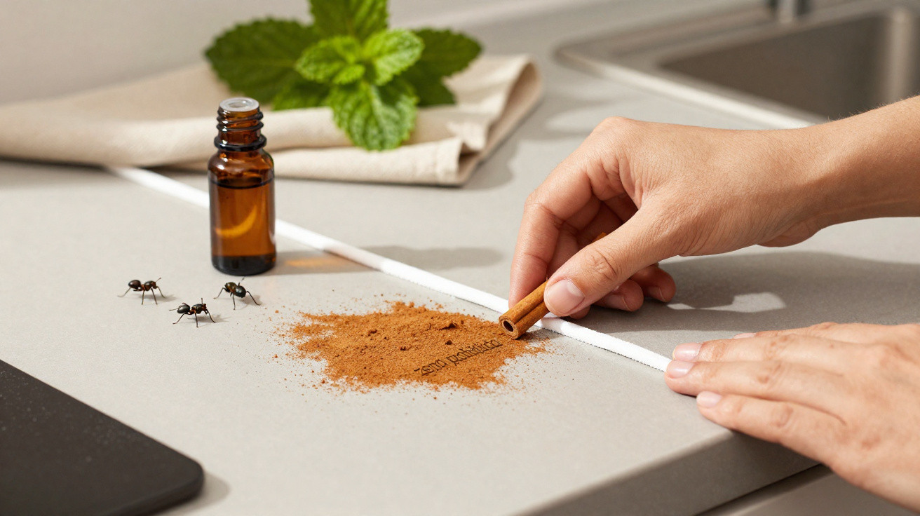 Hands placing a cinnamon stick near ants and cinnamon powder with a small amber glass bottle on a kitchen counter.