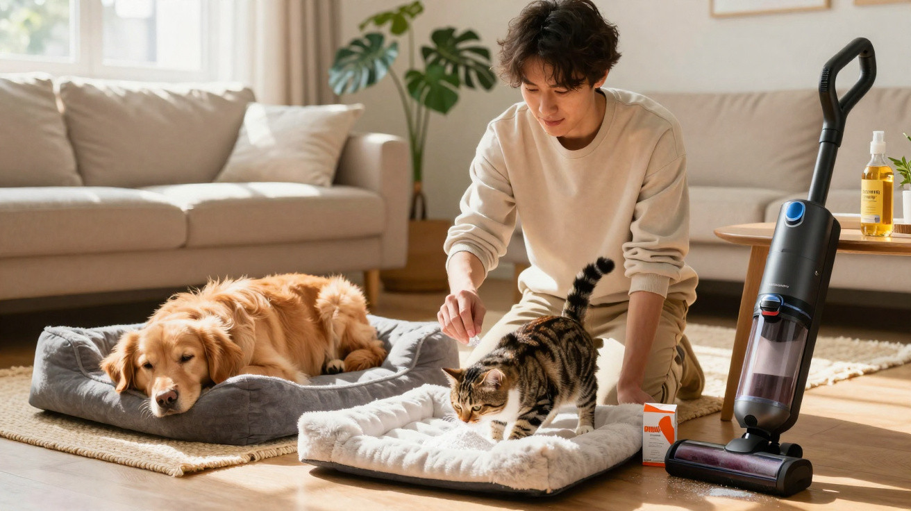Person kneeling on floor petting a cat on a cushion beside a sleeping golden retriever and a cordless vacuum cleaner.