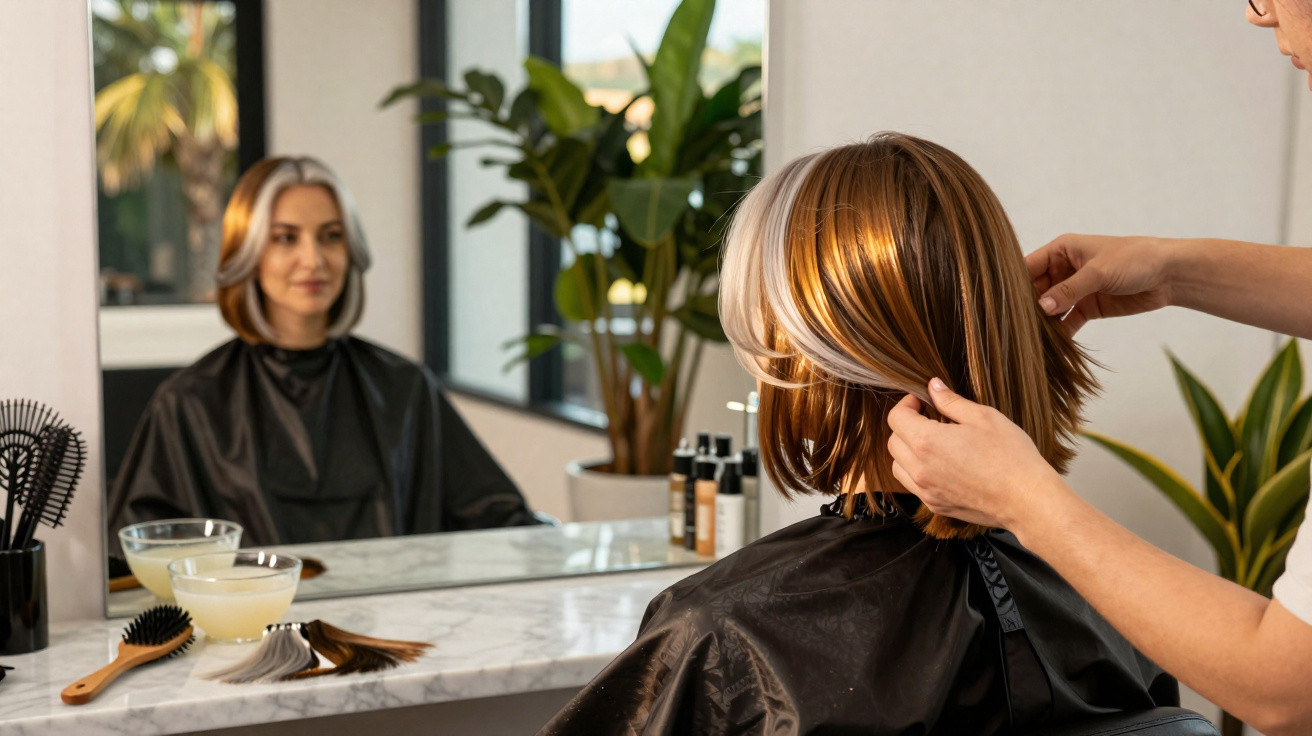 Woman with short layered hair sitting in front of a mirror while a hairstylist adjusts her hair.