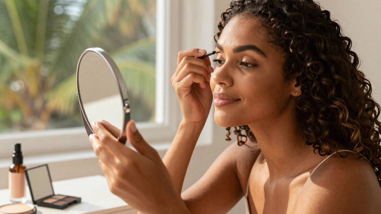 A woman with curly hair applying mascara using a handheld mirror in a sunlit room.