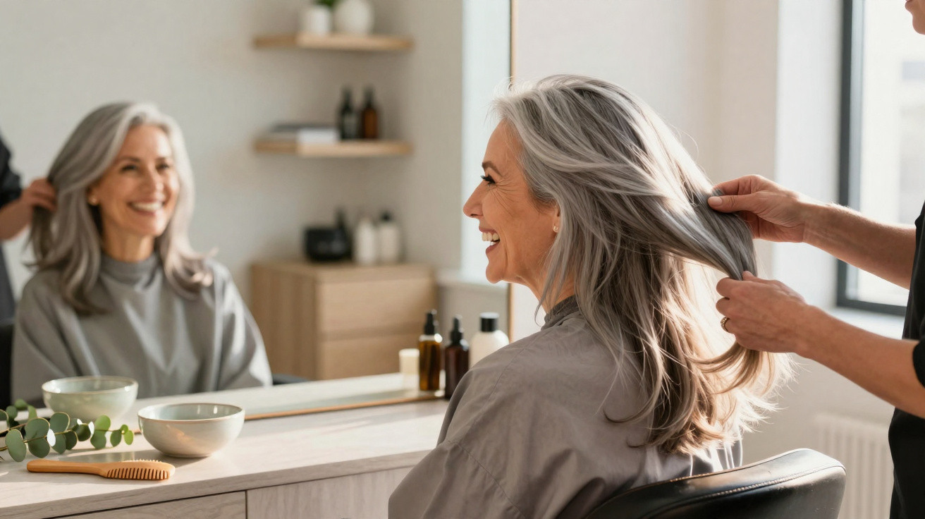 Smiling older woman with long grey hair being styled by a hairdresser in a bright salon.