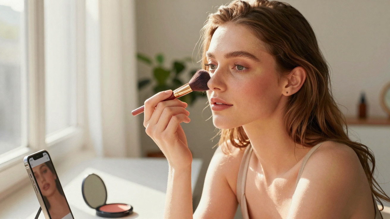 Young woman applying makeup with a brush while looking at her phone mirror reflection by a window.