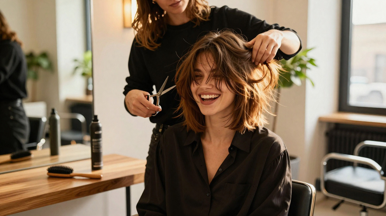 Smiling woman getting a haircut at a salon, hairdresser holding scissors and lifting her hair.