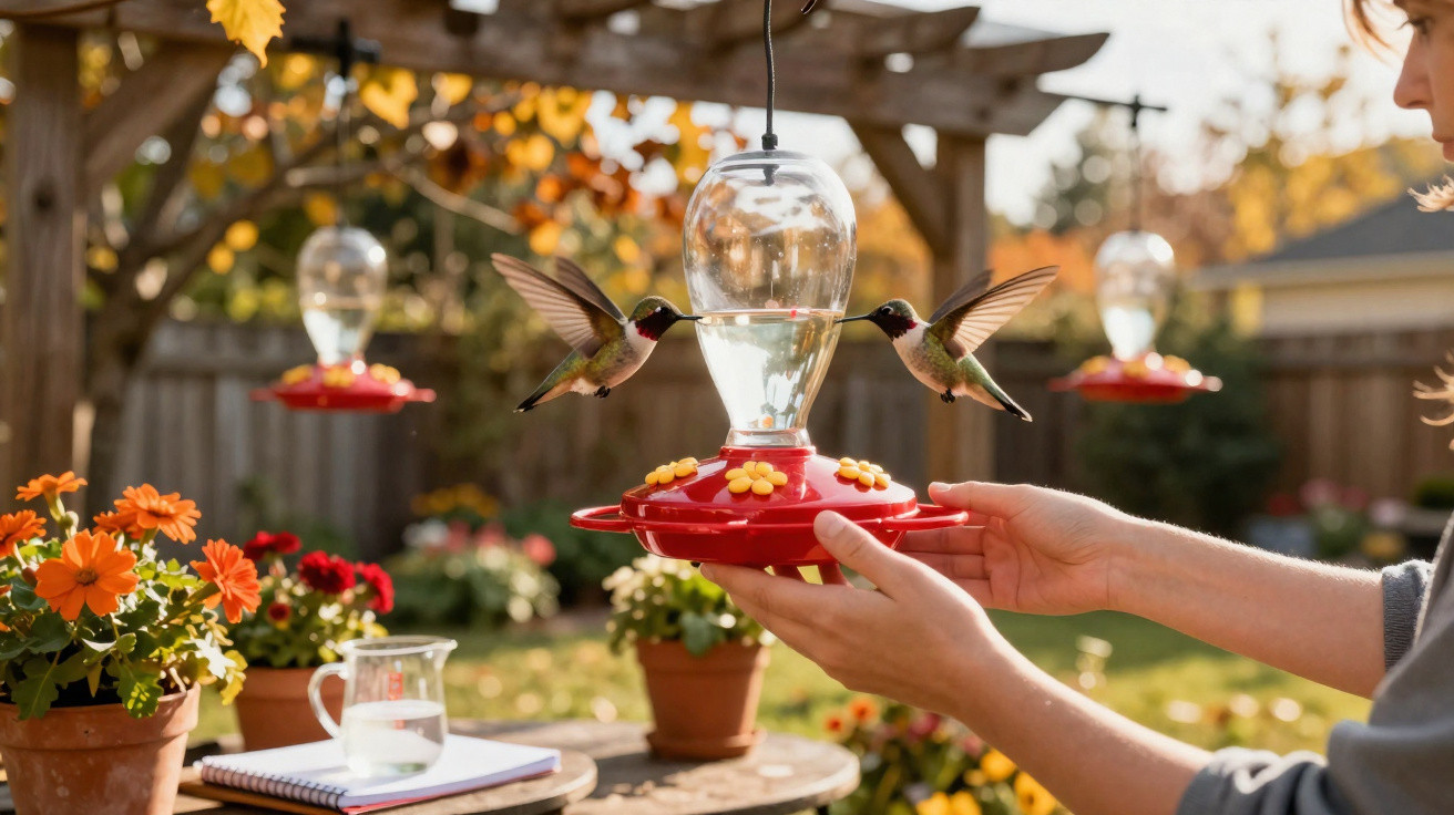 Two hummingbirds feeding from a red feeder held by a person in a garden with flowers in autumn.