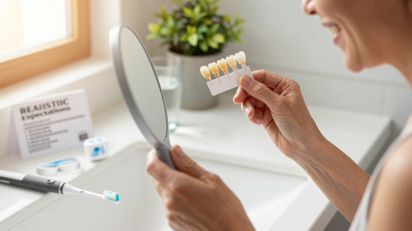 Woman comparing tooth colour shades using a mirror near a sink with a toothbrush and plant in background