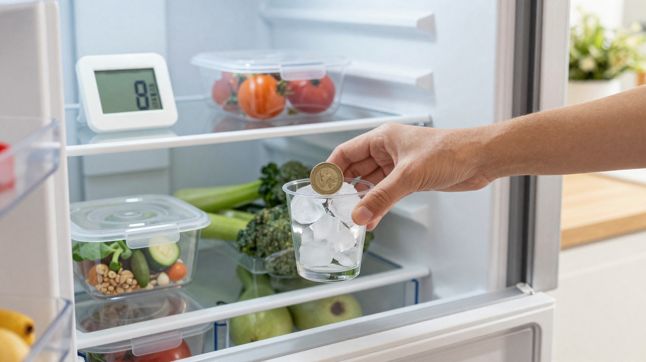 Hand placing a coin into a glass of ice cubes inside an open refrigerator with fresh vegetables.