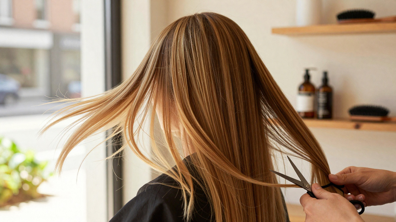 Hairdresser cutting long straight blonde hair in a bright salon with hair products on wooden shelves.
