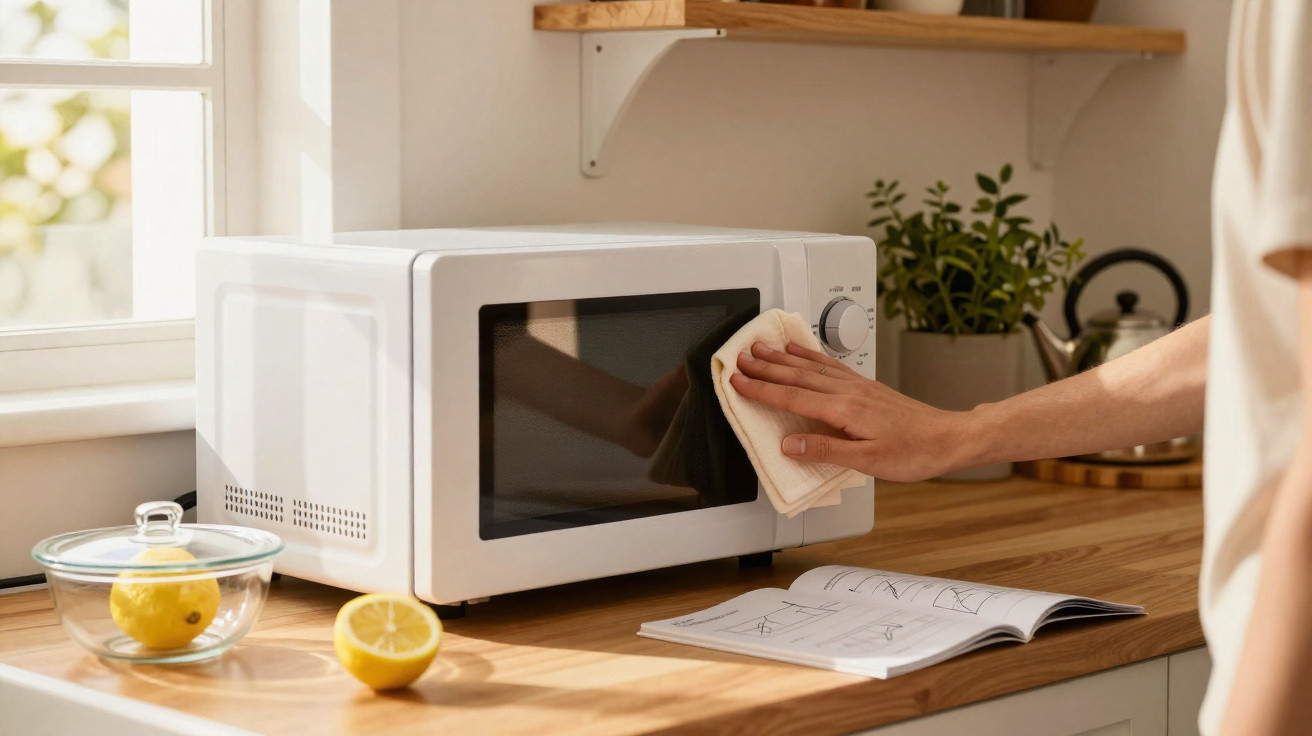Person cleaning white microwave on wooden kitchen counter with lemon and open book nearby