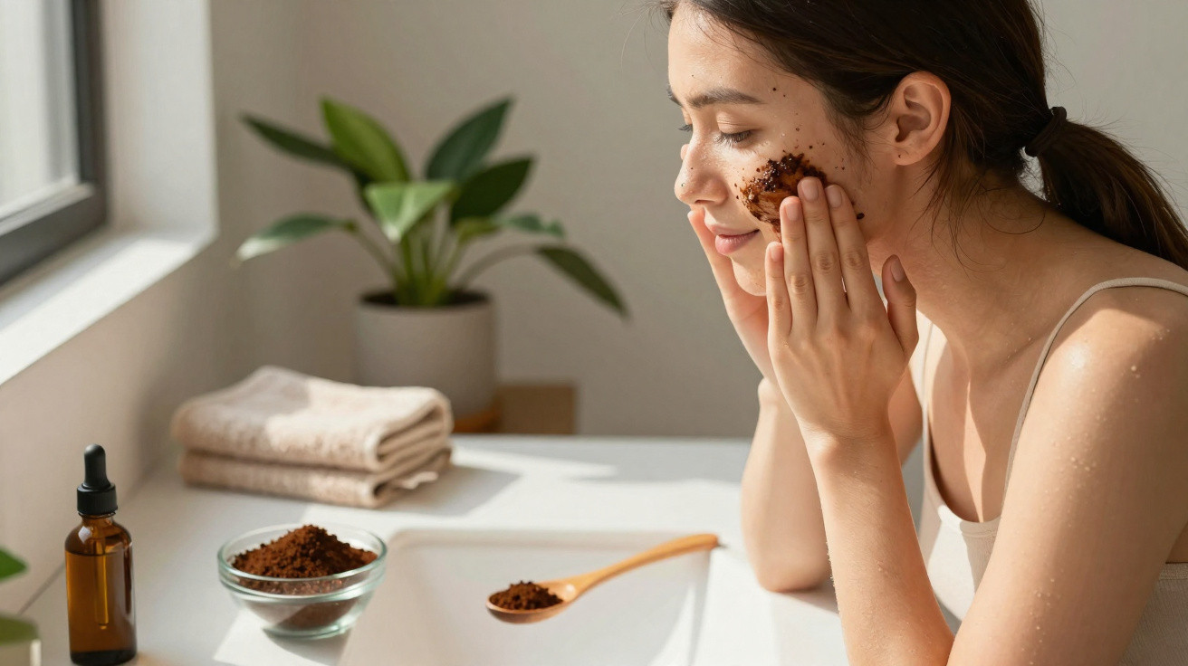 Young woman gently exfoliating her face with a natural scrub in a bright, sunlit room.