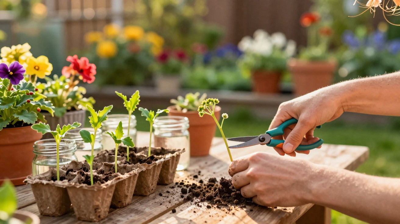 Hands pruning seedlings with scissors on a wooden table surrounded by potted flowers in a garden.