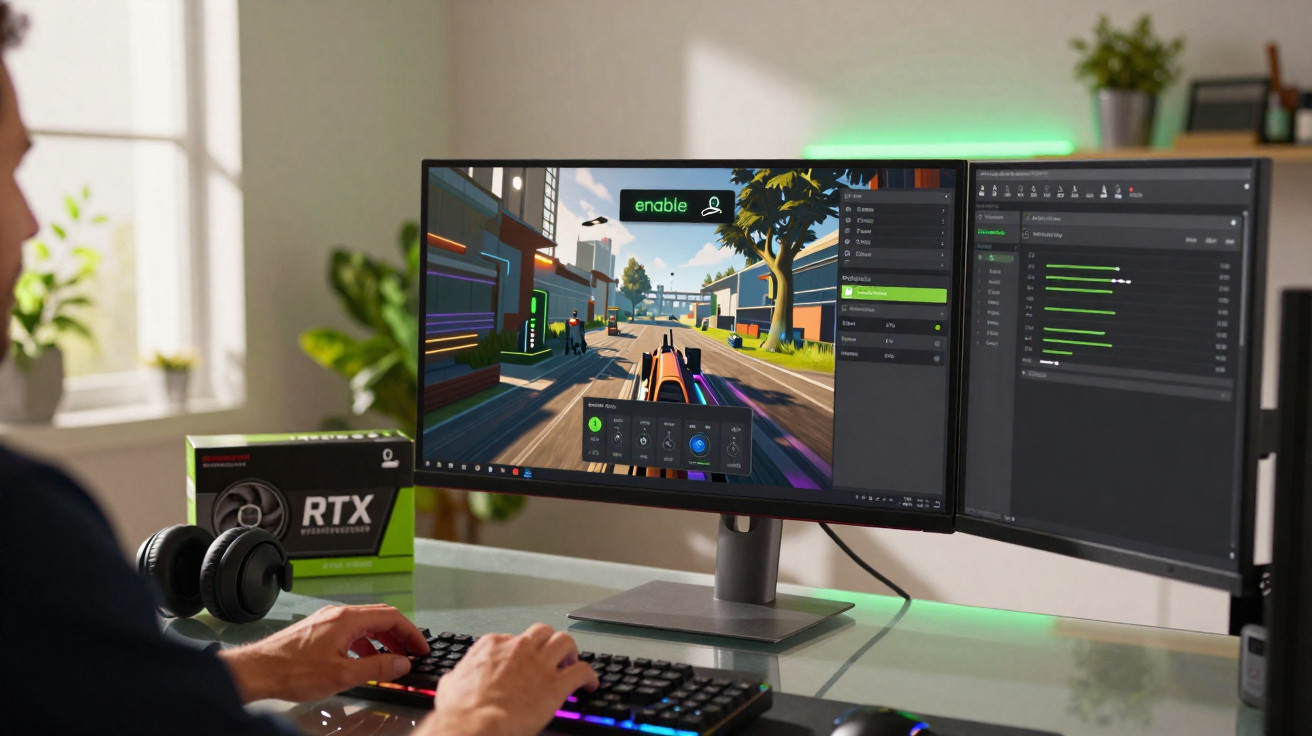 Person using a dual-monitor setup with a gaming and software interface on a sleek desk with RTX graphics card and headphones.