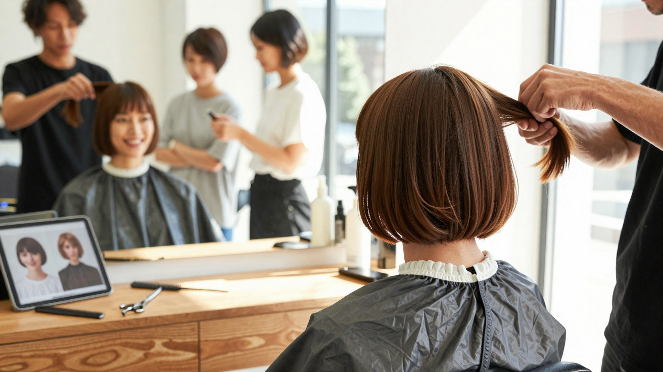Woman with short brown hair getting a haircut at a salon with stylists and hairstyle options on a tablet.