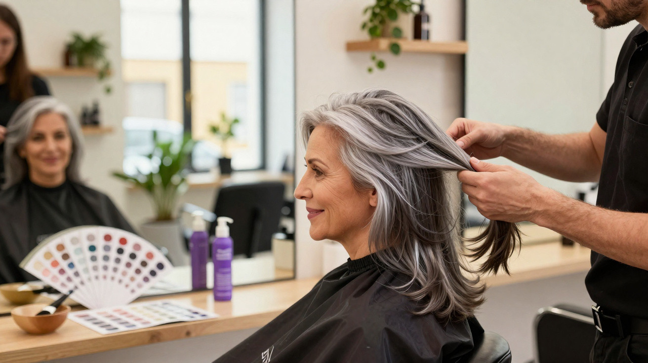 Mature woman with grey hair having her hair styled by a hairdresser in a modern salon.