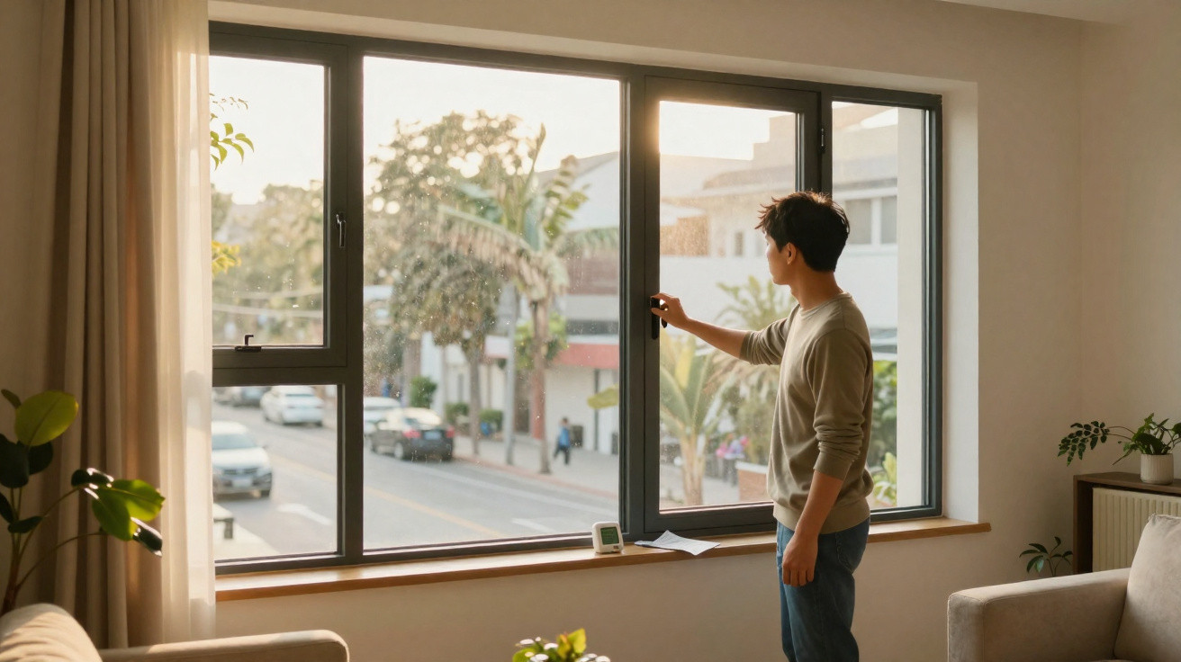 Man opening window in a living room with plants, beige sofa, and street view outside.