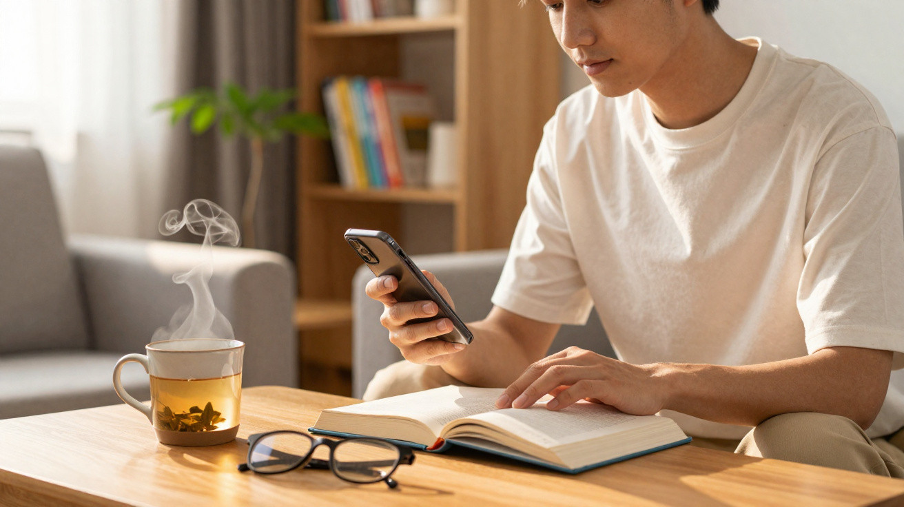 Person in a white t-shirt reading a book and holding a smartphone at a wooden table with steaming cup of tea and glasses.
