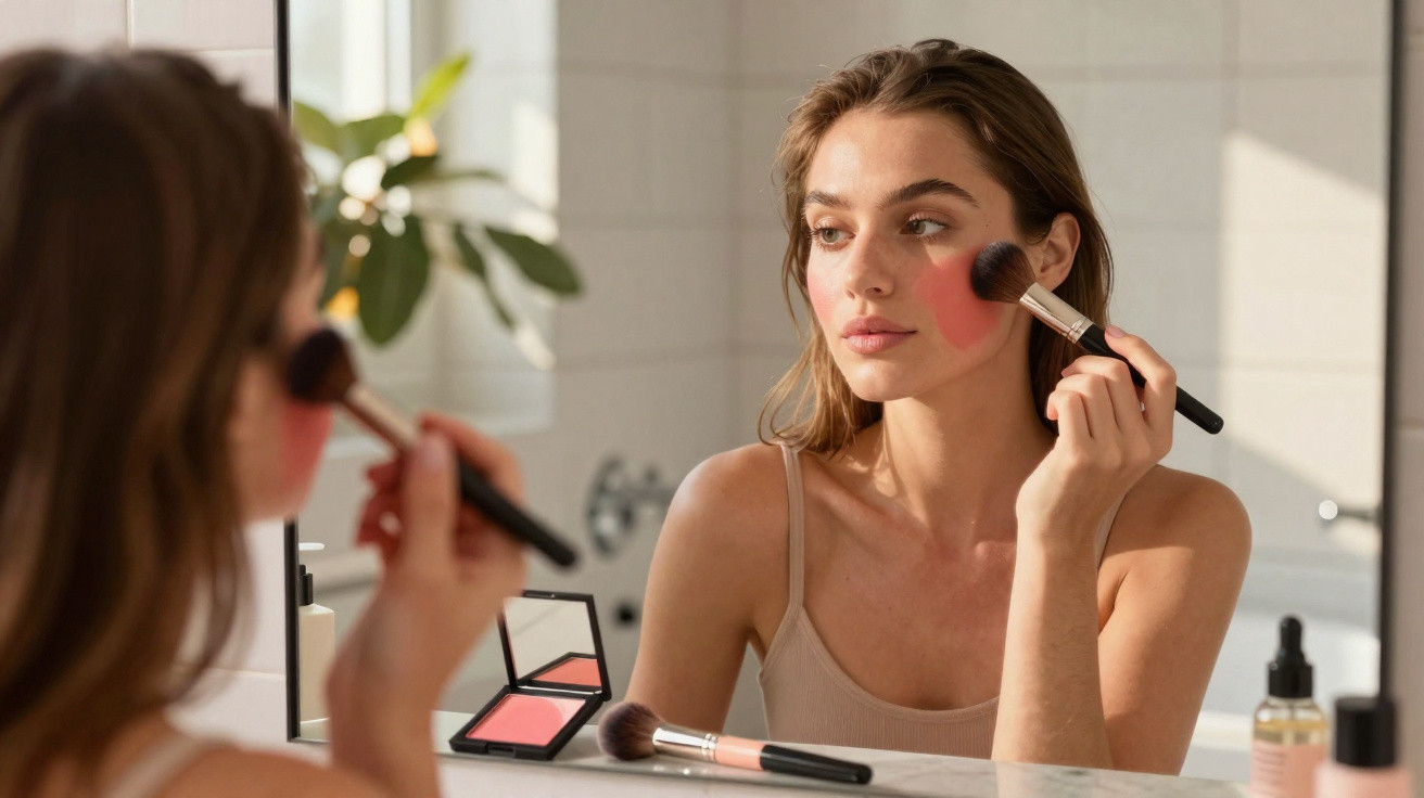 Young woman applying blush with a makeup brush in front of a bathroom mirror.