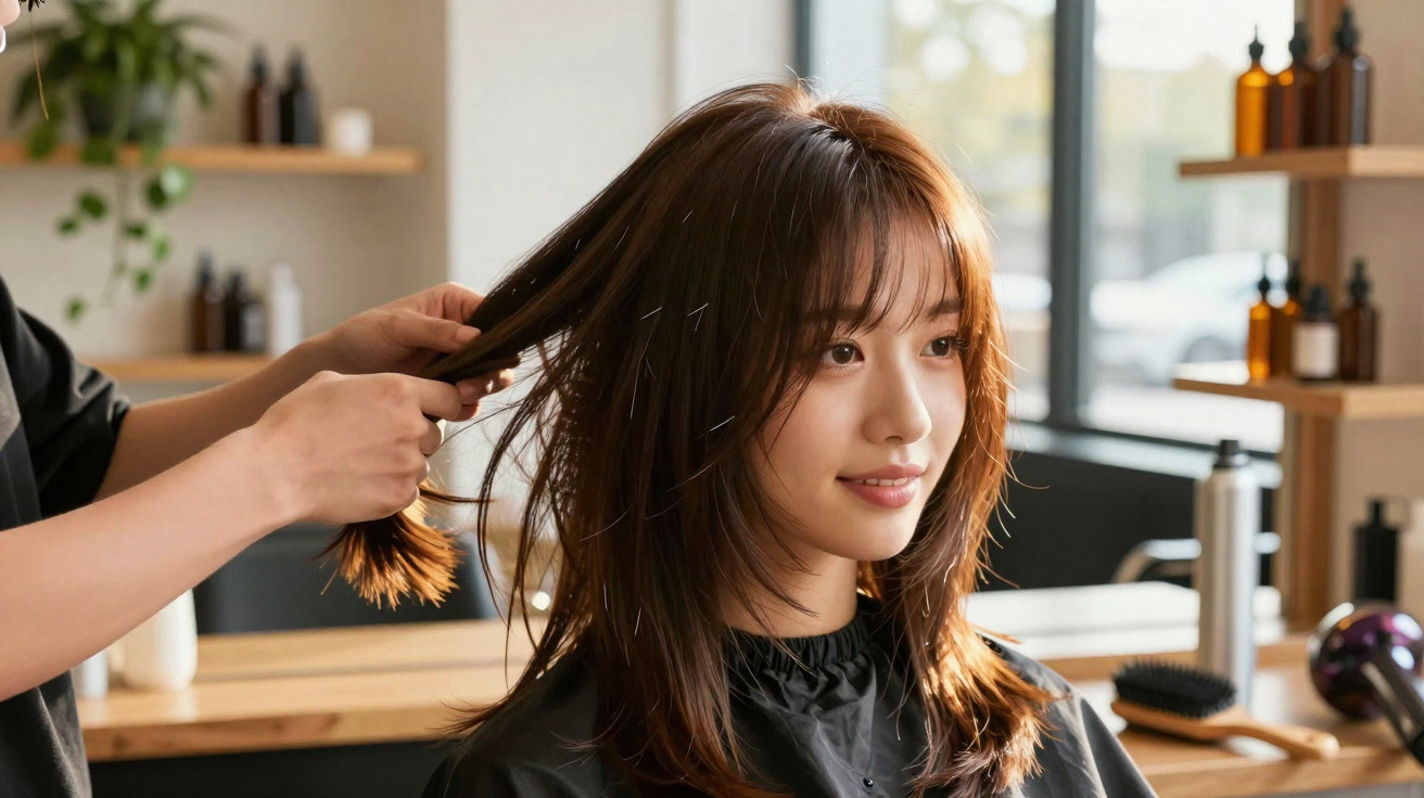Young woman with medium-length brown hair getting a haircut in a modern salon with natural light.