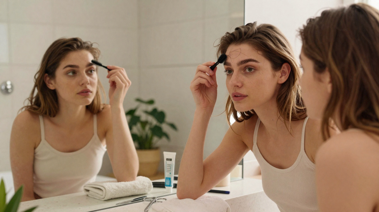 Young woman grooming her eyebrows with a brush in front of a bathroom mirror.