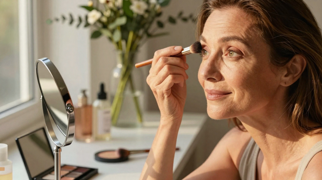 Middle-aged woman applying eyeshadow at a vanity mirror with makeup products and flowers in the background.