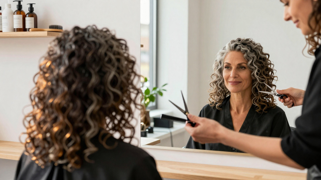 Middle-aged woman with curly hair smiling in salon mirror while hairdresser holds scissors and comb.
