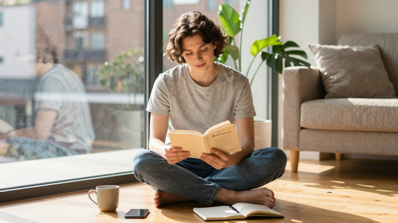 Young person sitting cross-legged on wooden floor reading a book beside a sofa with phone and notebook nearby.