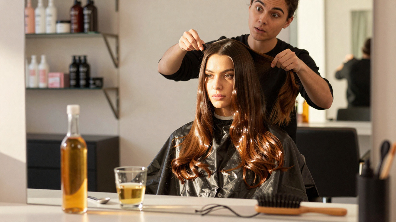 Woman with long brown hair getting a haircut in a salon with a hairdresser styling her hair.