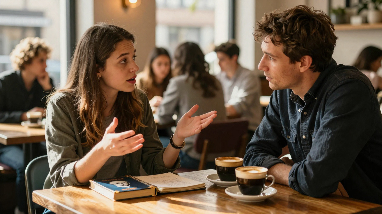 Two people having a serious conversation over coffee at a busy café with books and notes on the table.