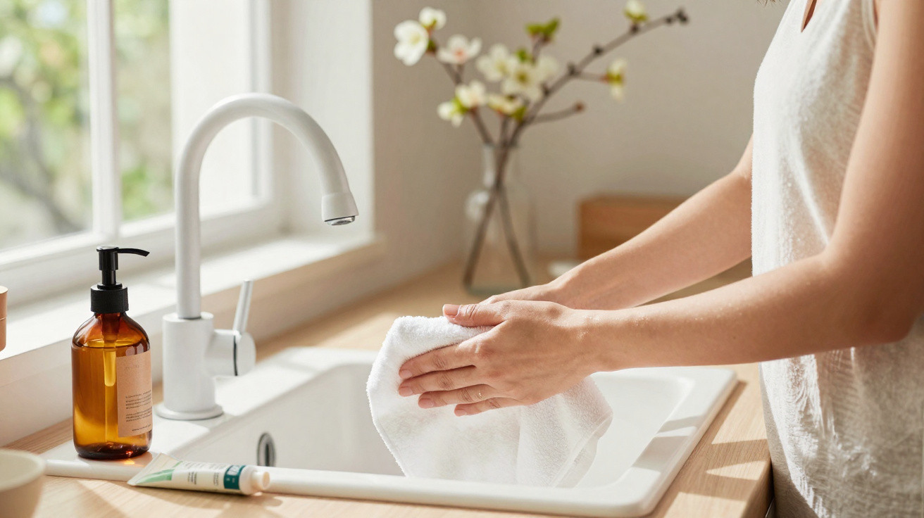 Person drying hands with white towel by kitchen sink with soap dispenser and flowers in vase nearby