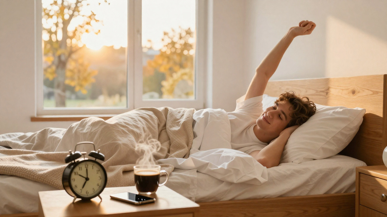 Person stretching in bed next to a steaming cup of coffee, alarm clock, and smartphone on a bedside table at sunrise.