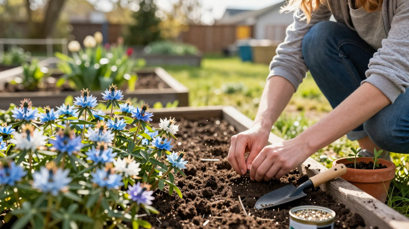 Person sowing seeds in a garden bed beside blue and white flowers on a sunny day.