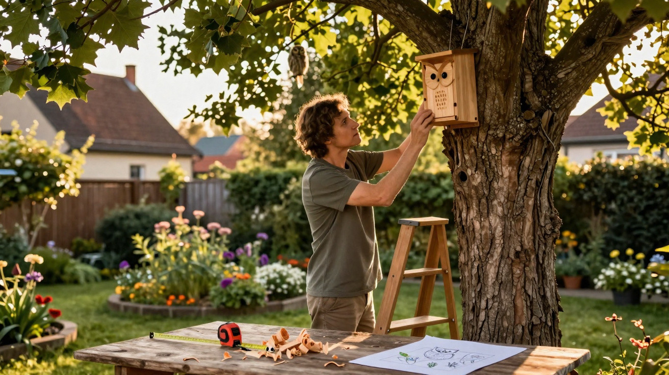 Man installs wooden owl-shaped birdhouse on tree in a sunny garden with flowers and tools nearby.