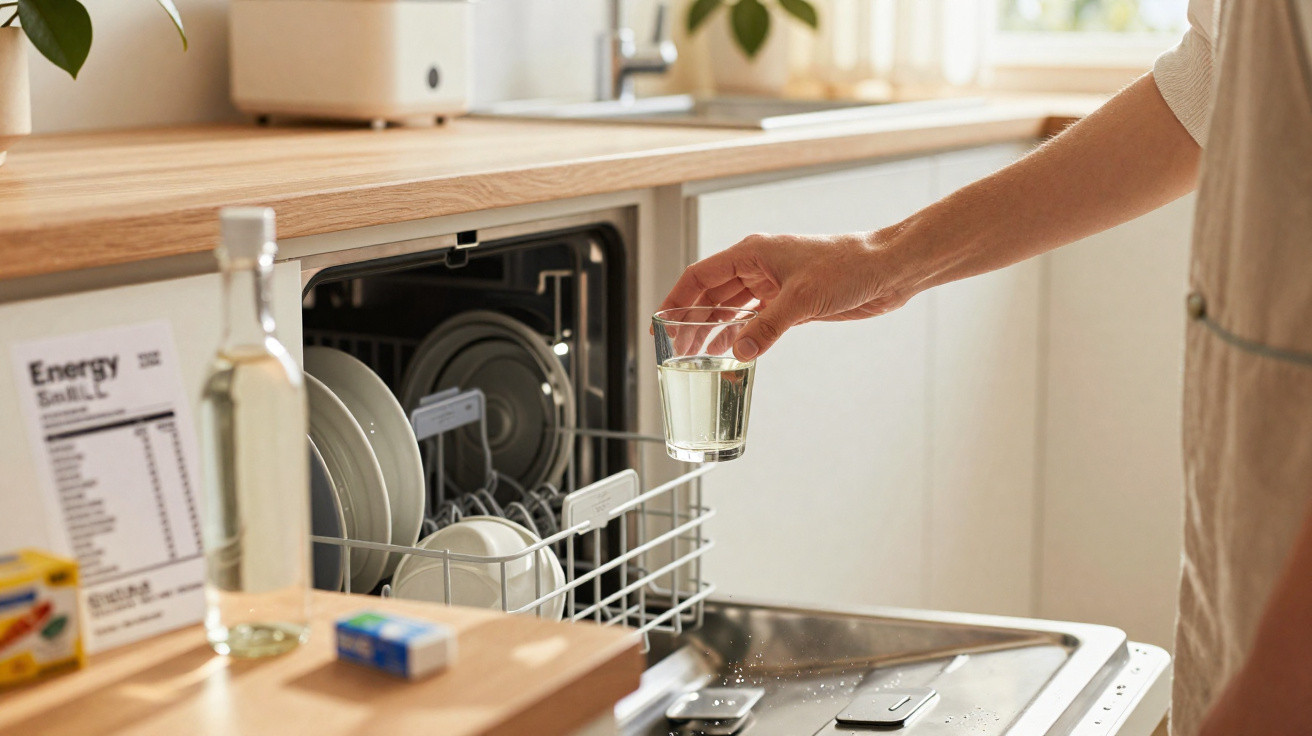 Hand holding a glass of clear liquid near an open dishwasher in a bright kitchen.