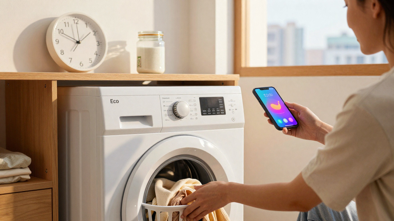 Person using smartphone while loading clothes into front-loading washing machine in bright room