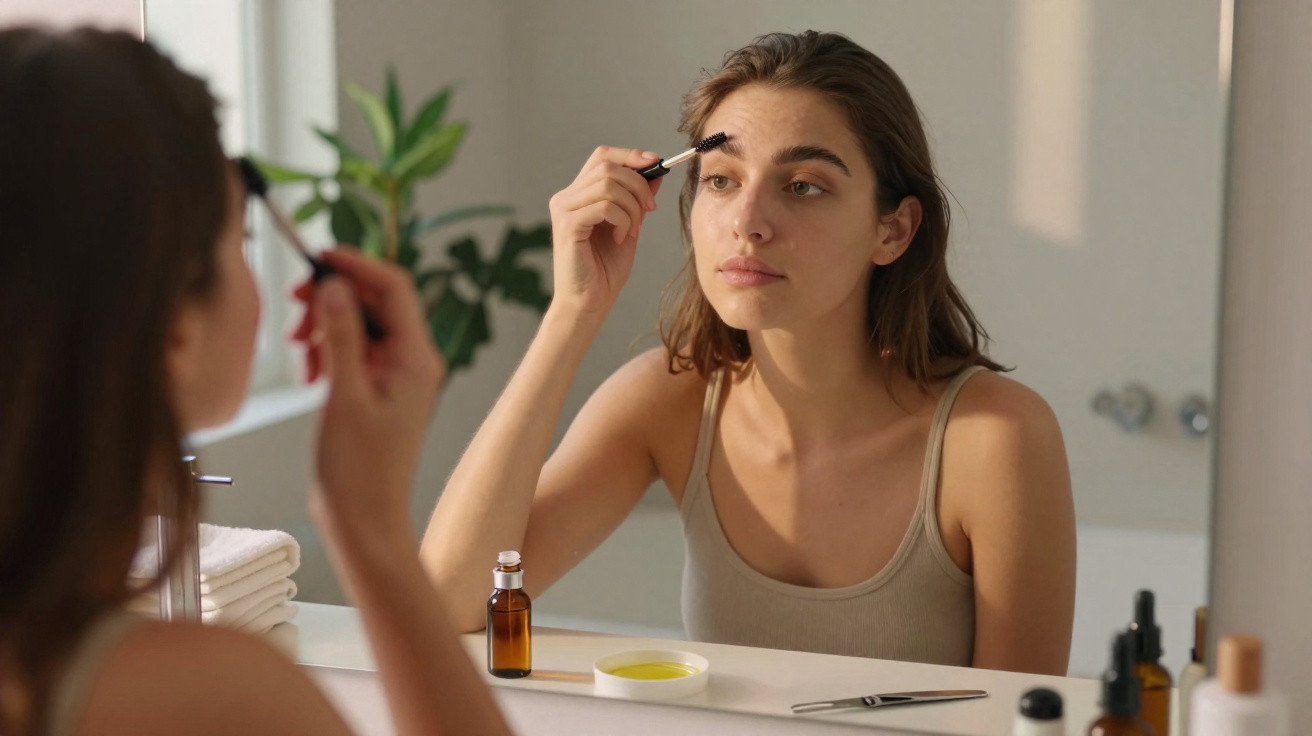 Young woman grooming her eyebrows in front of a bathroom mirror with skincare products on the counter.