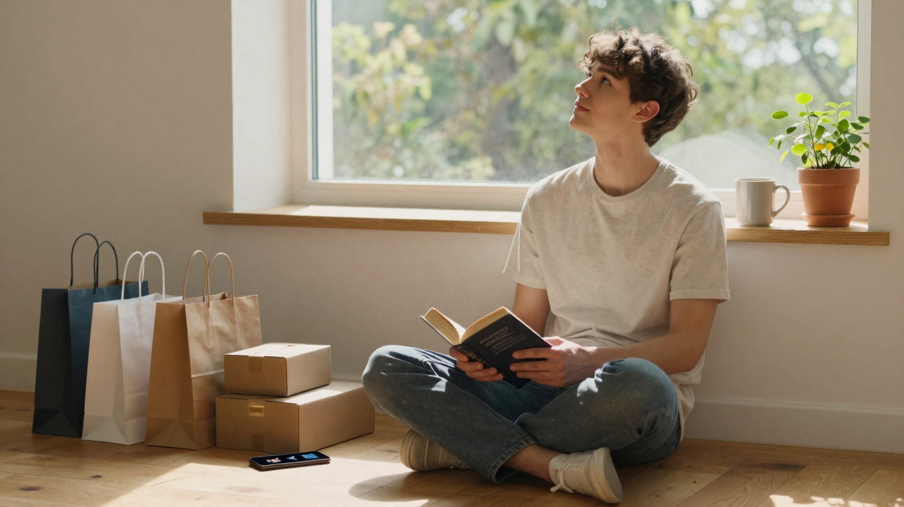 Young man sitting cross-legged on floor reading a book next to shopping bags and boxes by a window with sunlight.
