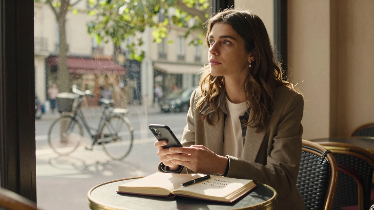 Woman in a blazer sitting at a café table with a notebook, holding a smartphone and looking thoughtfully out the window.