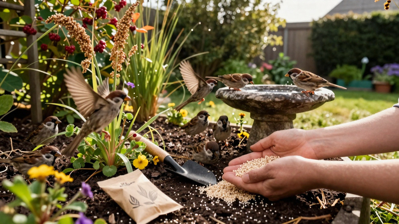 Hands scattering birdseed in a garden bed with sparrows, flowers, a trowel, and a birdbath nearby.